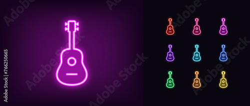 Outline neon guitar icon set. Glowing neon acoustic guitar sign and ukulele silhouette. Guitar live music and performance, guitar play party, musical festival, acoustic music instrument. Vector icons