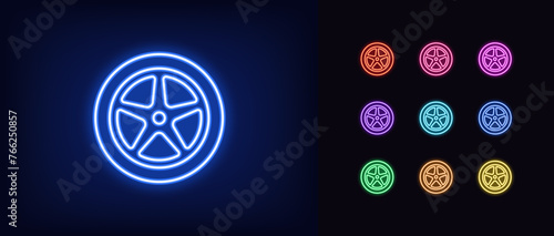 Outline neon car wheel icon set. Glowing neon car tire with rim. Car tyres shop, wheel balancing and vehicle service, racing tires, sport car wheels, automobile rim repair, rally race. Vector icon set