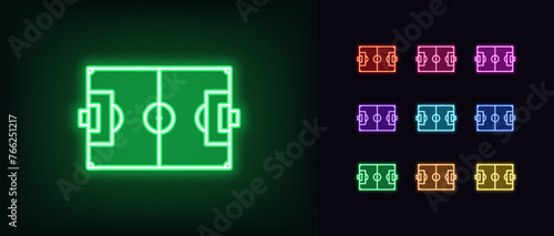 Outline neon football pitch icon set. Glowing neon soccer field scheme with line marking. Football stadium and soccer arena, sport court and playground, football game, training play yard. Vector icons