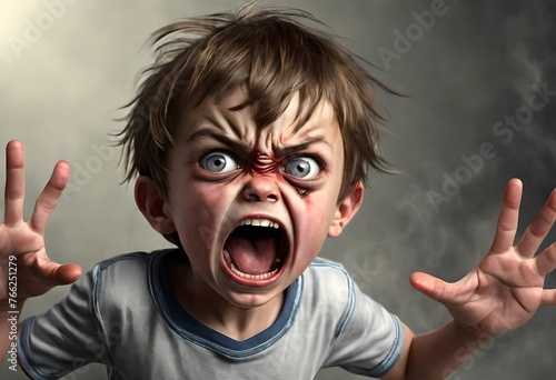 an illustration of an enraged 5th grader having a tantrum. angry. upset. child. kid. cry. crying. mad photo