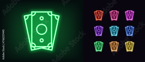 Outline neon money cash icon set. Glowing neon money stack sign, paper banknotes. Business and finance, bank cash currency, receive salary, investment income, cash exchange market. Vector icon set