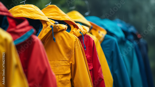Colorful raincoats lined up, ready for the rain.