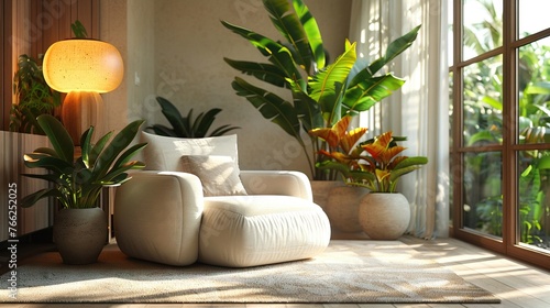 Warm and inviting sitting area by the window with lush plants and natural light