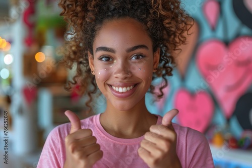 An isolated outdoors background shows a closeup portrait of a pretty young lady in pink shirt with two thumbs up gestures. Positive emotion can be sensed in her facial expression, feelings, signs and