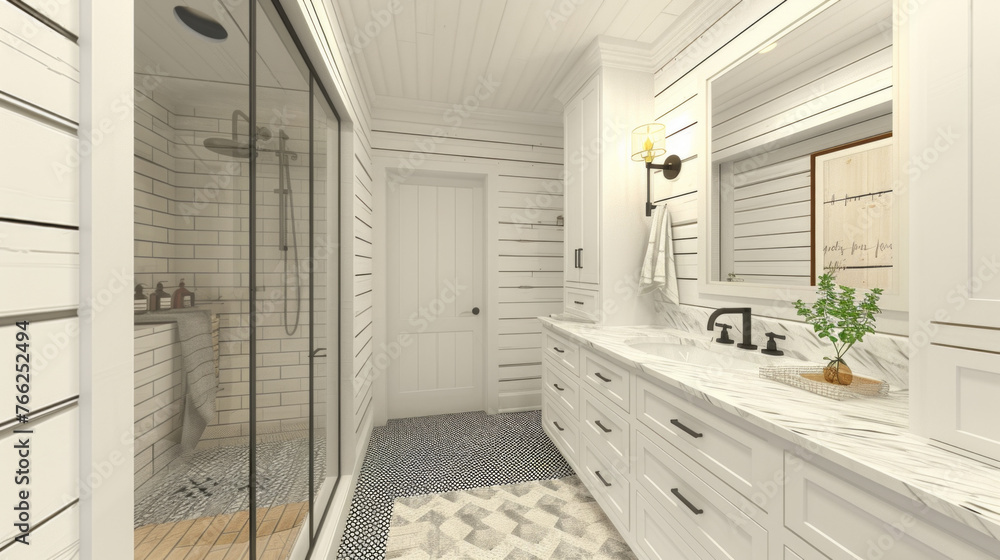 A modern farmhouse bathroom with white shiplap walls, a marble-topped vanity, and a walk-in shower with black hexagon tile flooring A modern farmhouse bathroom with white shiplap walls, a marble-topped vanity, and a walk-in shower with black hexagon tile flooring