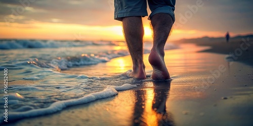 Closeup of a Man's Bare Feet Walking at a Beach at Sunset - Relaxation Concept