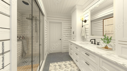 A modern farmhouse bathroom with white shiplap walls, a marble-topped vanity, and a walk-in shower with black hexagon tile flooring