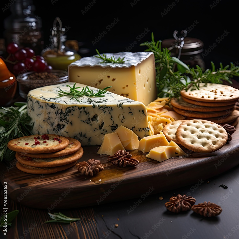 tasty cheese set on dark background