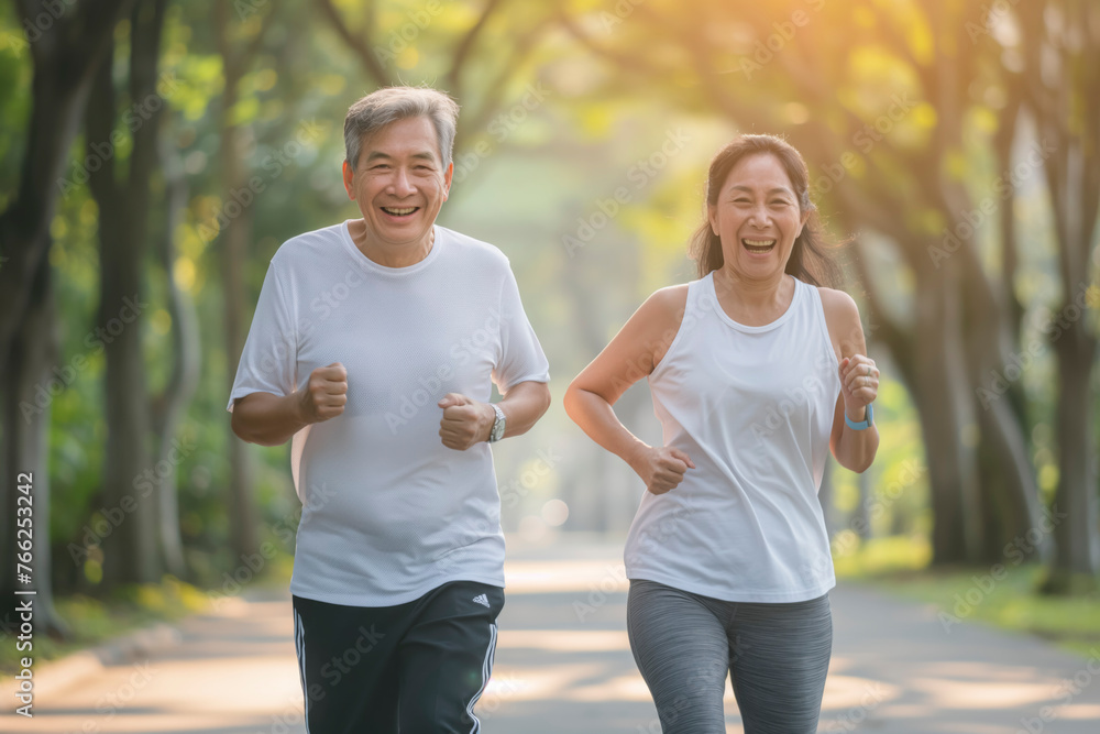 A couple of older people are running together in a park. They are smiling and enjoying their time A couple of older people are running together in a park. They are smiling and enjoying their time