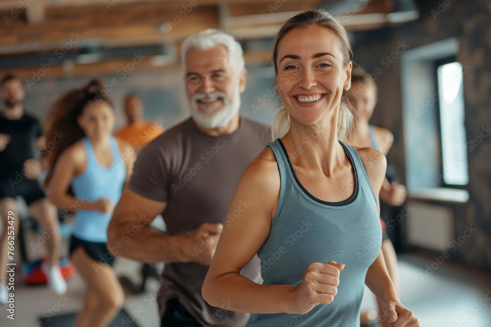 A group of people are running in a gym, with a man and woman smiling. Scene is energetic and positive, as the people are enjoying their workout and each other's company A group of people are running in a gym, with a man and woman smiling. Scene is energetic and positive, as the people are enjoying their workout and each other's company