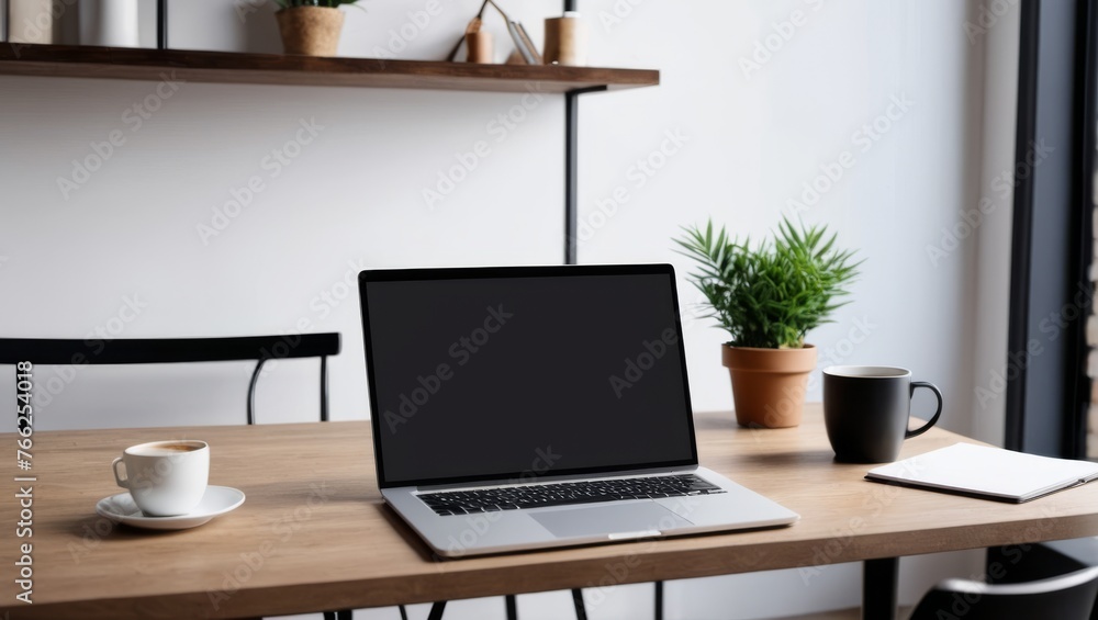 Laptop on a desk in a modern office with city view Laptop on a desk in a modern office with city view