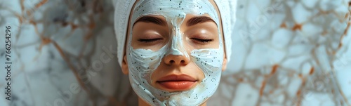 In a serene spa setting, a woman with a towel on her head enjoys the benefits of a creamy facial mask, immersing herself in a peaceful and rejuvenating experience.