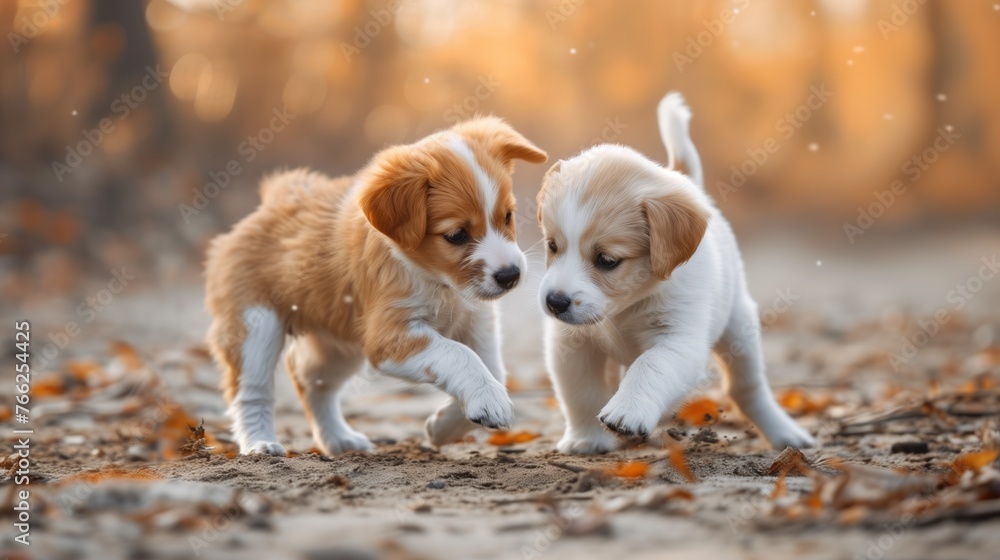 Two little puppies playing in nature, generative ai Two little puppies playing in nature, generative ai