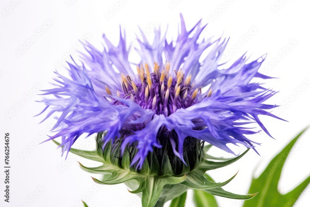 Isolated blue cornflower flower against a white backdrop. A focused selection. Ideal for greeting cards for weddings, floral layouts, and postcards.