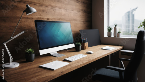 Laptop on a desk in a modern office with city view © Sumon