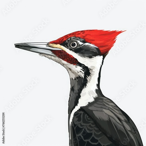 Cartoon illustration of a vividly colored pileated woodpecker with red crest, black and white stripes, and detailed scientific accuracy