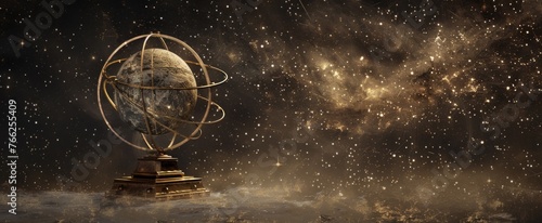 Vintage Armillary Sphere Against Sepia-Toned Starry Sky