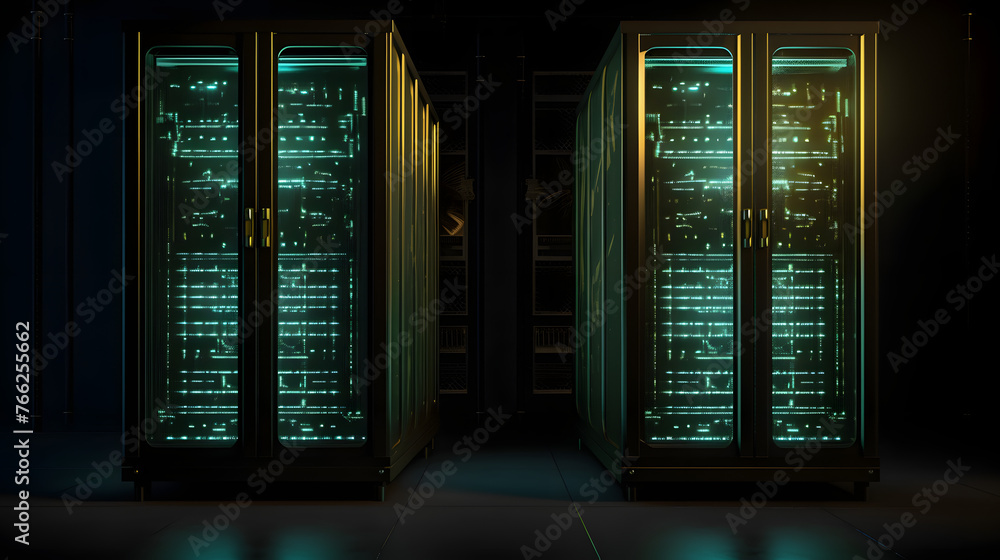 dark server racks with a green light dark server racks with a green light