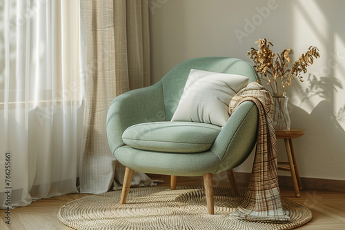 Living room mockup or setup with light green soft chair with cushion and white plaid