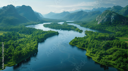 Beautiful natural scenery of river in tropical green forest with mountains in background, aerial view drone shot, generative ai