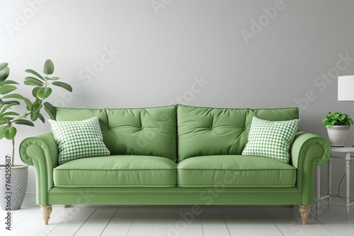 Living room mockup or setup with light green soft sofa with cushion and white plaid