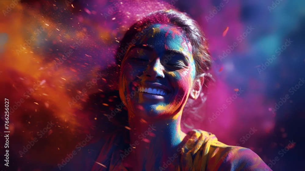 Portrait of a beautiful young woman with bright makeup and smeared with colored powder. Portrait of a beautiful young woman with bright makeup and smeared with colored powder.