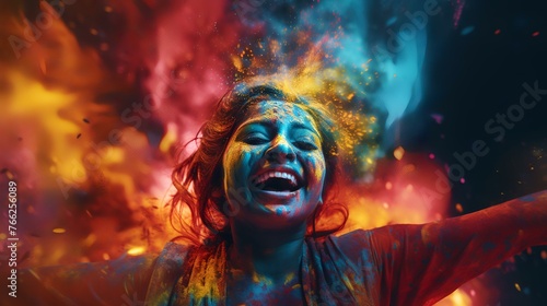 Portrait of a beautiful young woman with bright makeup and smeared with colored powder.