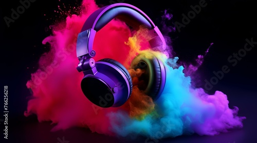 3D rendering of a pair of headphones with colorful smoke on black background