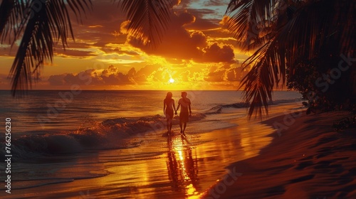 Two People Walking on Beach at Sunset
