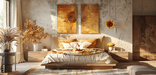 Sunlit Amber Glow bedroom design with a golden bed, sunflower-themed pillows, and warm abstract paintings.