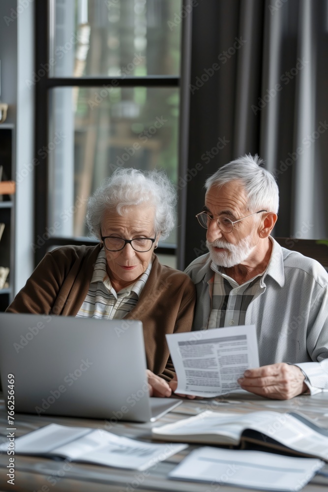 Elderly couple, old lady and man sitting together with a laptop and documents, discussing pension retirement plans, insurance, financial planning or vacation for seniors. Elderly couple, old lady and man sitting together with a laptop and documents, discussing pension retirement plans, insurance, financial planning or vacation for seniors.