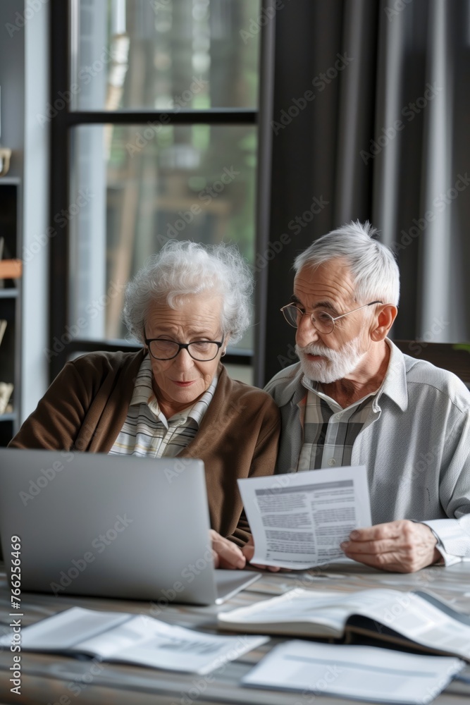 Elderly couple, old lady and man sitting together with a laptop and documents, discussing pension retirement plans, insurance, financial planning or vacation for seniors. 