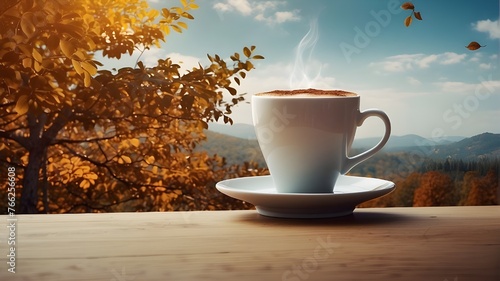 cup of coffee on the table, a steaming cup against the grainy autumnal backdrop, a steaming cup of coffee on a wooden table overlooking the distant sun and mountains.

