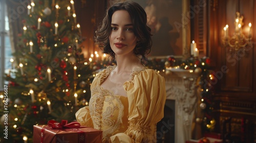 Woman Holding Wrapped Present in Front of Christmas Tree