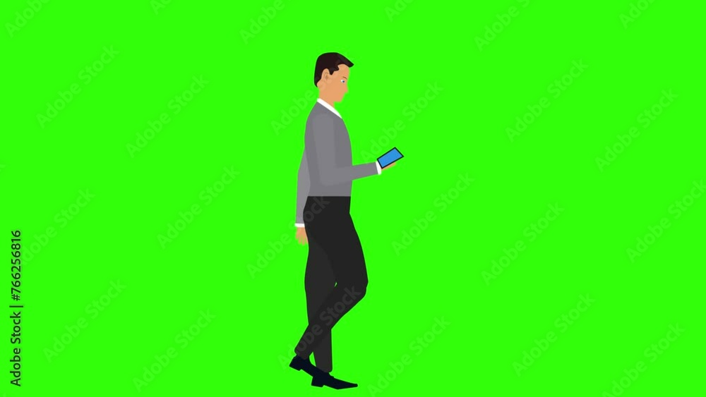 Man walking and looking in the phone animation, chroma key, seamless loop Man walking and looking in the phone animation, chroma key, seamless loop