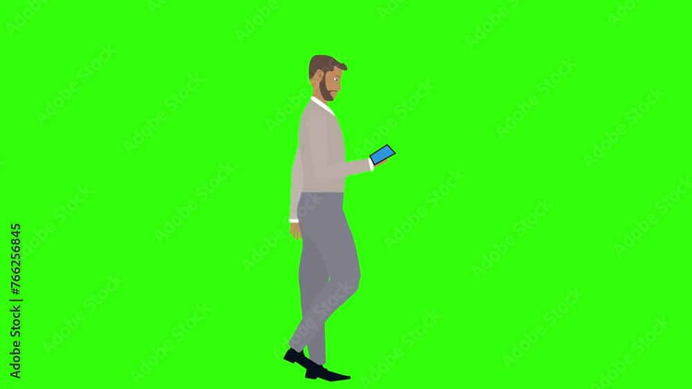 Man walking and looking in the phone animation, chroma key, seamless loop Man walking and looking in the phone animation, chroma key, seamless loop