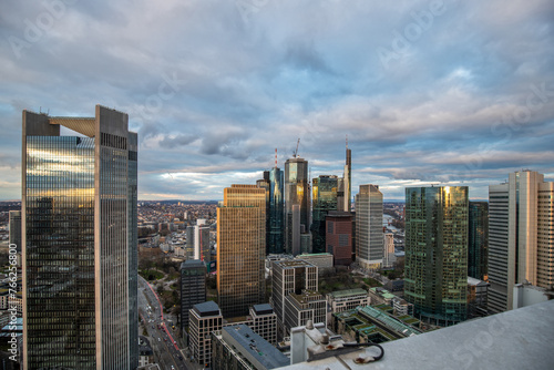 Frankfurt is the only skyline in Germany. Backlight for sunset with a great sky and lighting in the houses. High-Rise Buildings, City Recording and Financing
