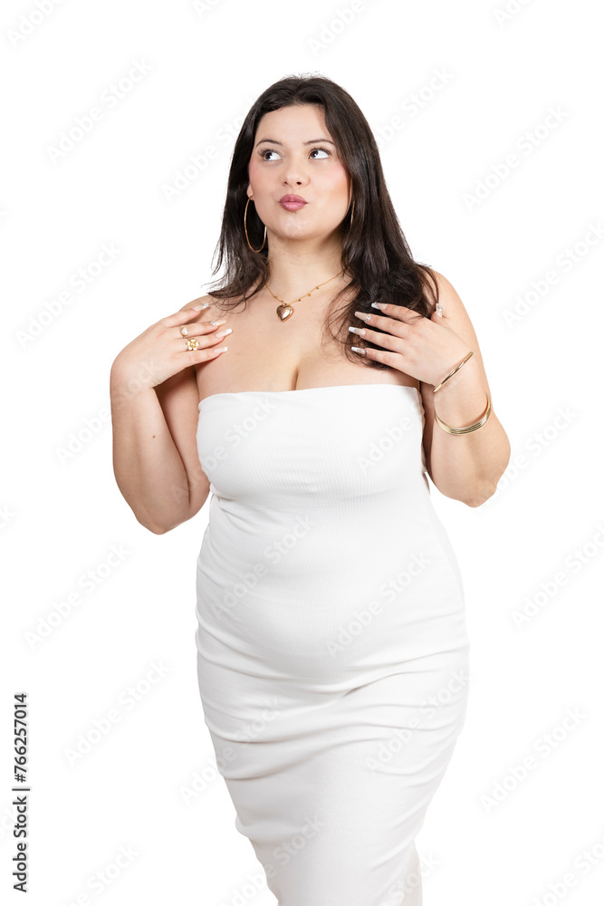 Curvy girl posing with a black dress and some flowers in her hand Curvy girl posing with a black dress and some flowers in her hand