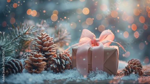 Pink Ribbon-Wrapped Present With Pine Cones