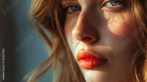 Wallpaper Mural Close up of beautiful young woman. Arrows, glowing dark skin, wet lip gloss. Beauty and sensuality, portrait, face, fashion, woman, female, skin, makeup, young, model, style Torontodigital.ca