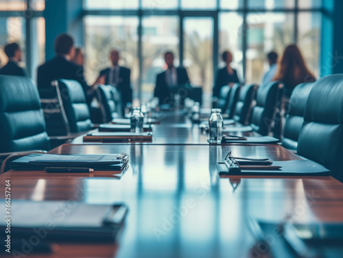 Boardroom table set for a meeting with business executives in blurred background