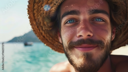 close-up shot of a good-looking male tourist. Enjoy free time outdoors near the sea on the beach. Looking at the camera while relaxing on a clear day Poses for travel selfies smiling happy tropical #766257275