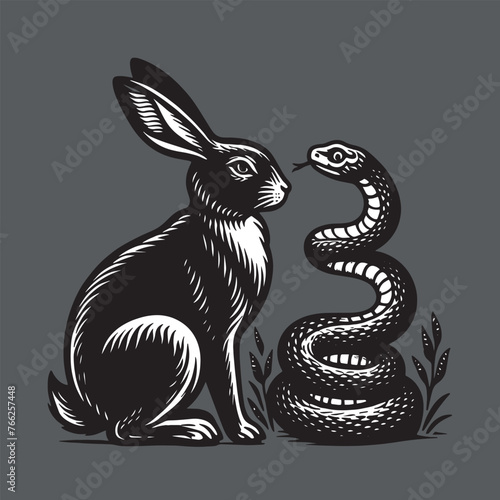 Hare and snake.  Vintage retro engraving illustration. Black icon, isolated element	