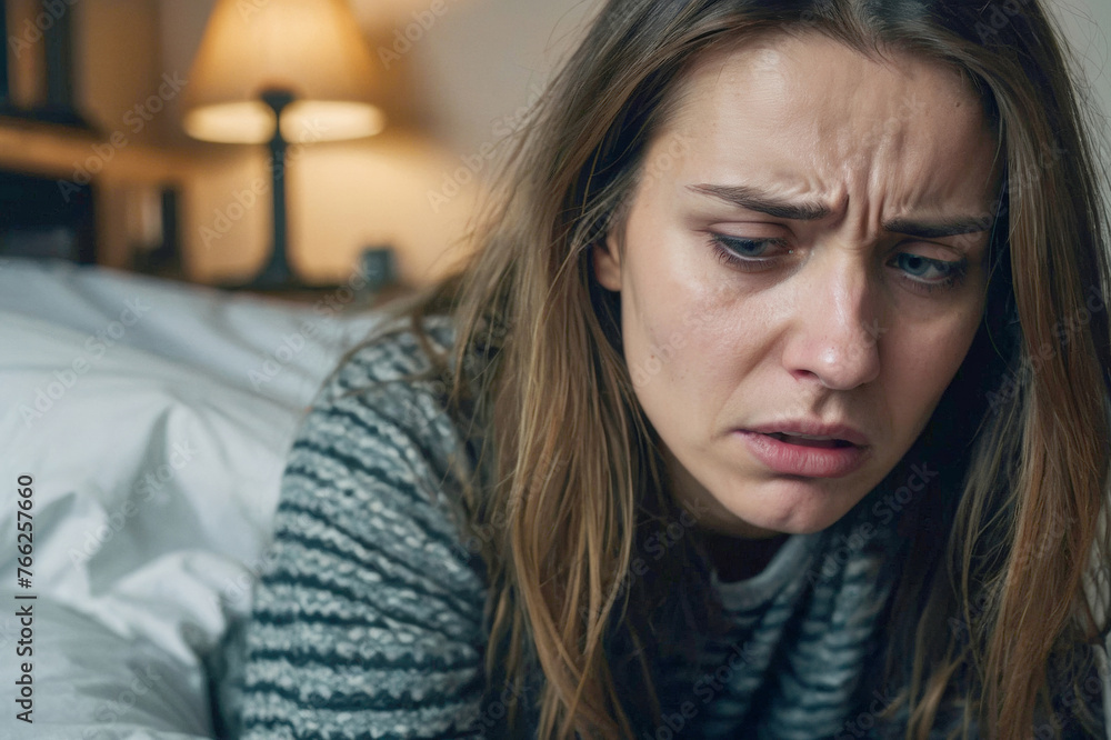 A woman is crying on a bed in stressed. Concept of sexual harassment against women A woman is crying on a bed in stressed. Concept of sexual harassment against women