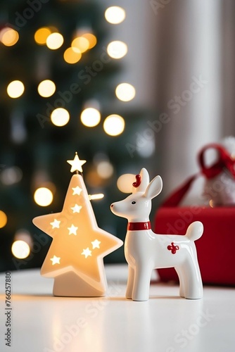 Christmas Decorations with Deer Figurines and Ornamental Tree
