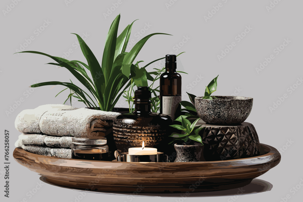 skin care product on wooden decorative piece with floral background along with towel and bottle