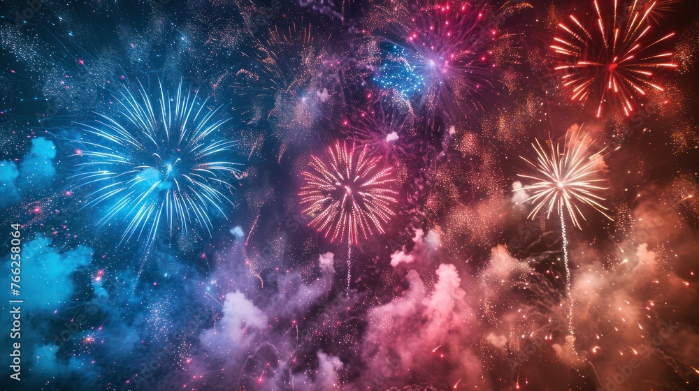 Fototapeta premium A Colorful Glowing fireworks show, New Year's or Christmas Eve fireworks celebration on the night sky
