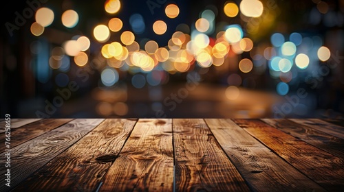 Wooden Table With Blurry Lights