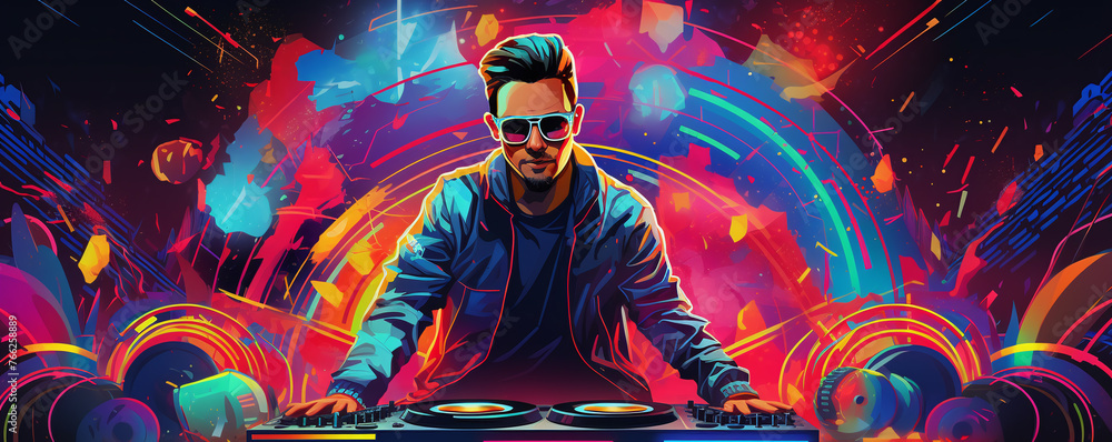 DJ with a colorful background, neon party. - obrazy, fototapety, plakaty 