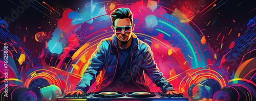 DJ with a colorful background, neon party.